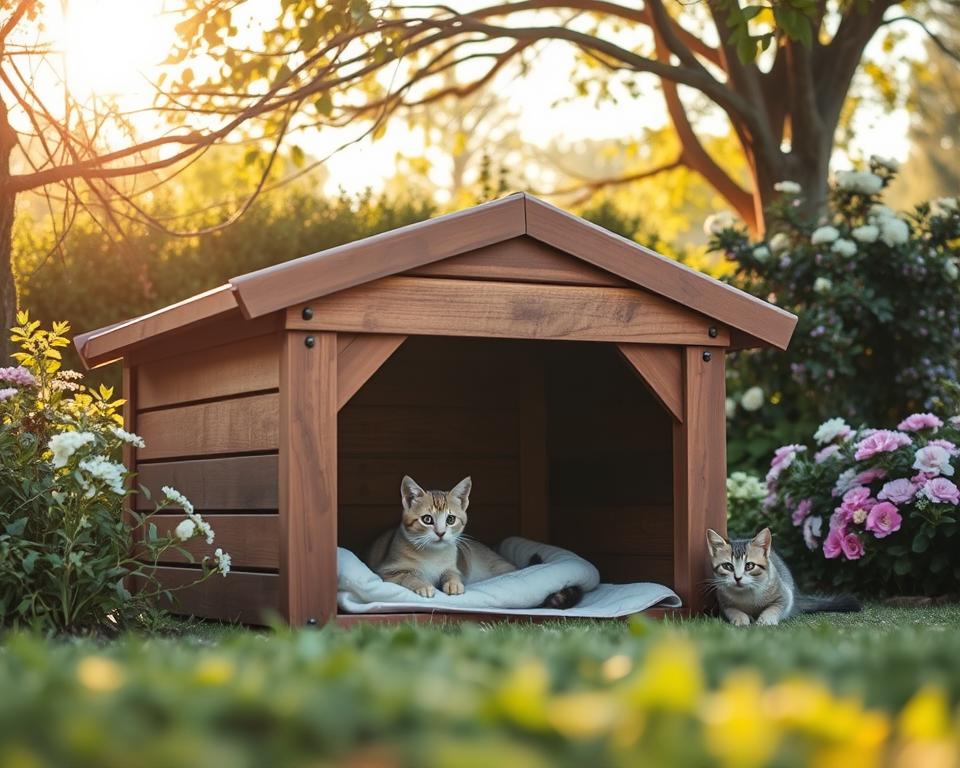 A weatherproof outdoor cat shelter designed for comfort and protection, nestled in a tranquil garden setting. In the foreground, a sturdy, insulated shelter made of weather-resistant wood and vinyl, with a slanted roof and cozy entrance. The middle ground features soft bedding poking out, inviting curiosity, while one or two playful cats lounge nearby, showcasing the shelter's purpose. The background contains lush greenery, flowering shrubs, and gentle sunlight filtering through tree branches, creating a warm and peaceful atmosphere. The scene captures a serene, inviting mood, ideally photographed in soft afternoon light with a shallow depth of field to focus on the shelter, emphasizing its role as a safe haven for outdoor cats.