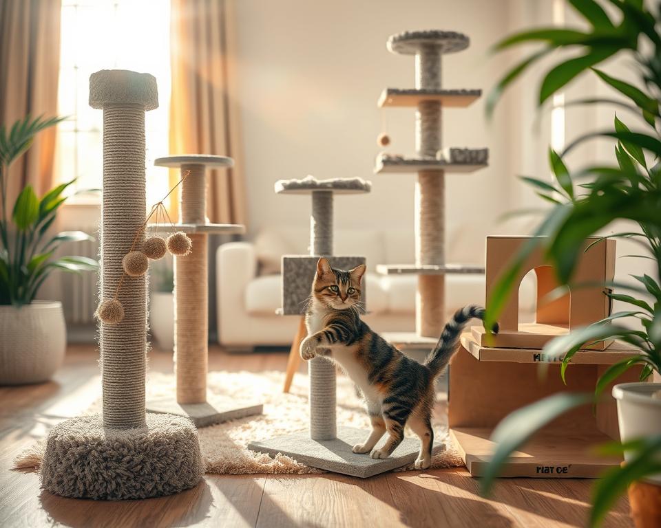 A well-arranged selection of cat scratching posts displayed in a cozy indoor setting. In the foreground, several types of scratching posts: a tall sisal-wrapped post with a plush base, a multi-level tree with dangling toys, and a sturdy cardboard scratcher. In the middle, a soft, inviting rug enhances the comfort, while a playful tabby cat interacts with one of the posts, showcasing its durability. The background features warm, natural light streaming through a window, creating a bright, welcoming atmosphere. Soft shadows add depth to the scene, and potted plants subtly frame the edges, enhancing the homey feel. The focus is sharp on the scratching posts and the cat, while the background is slightly blurred to emphasize the subject. A well-arranged selection of cat scratching posts displayed in a cozy indoor setting. In the foreground, several types of scratching posts: a tall sisal-wrapped post with a plush base, a multi-level tree with dangling toys, and a sturdy cardboard scratcher. In the middle, a soft, inviting rug enhances the comfort, while a playful tabby cat interacts with one of the posts, showcasing its durability. The background features warm, natural light streaming through a window, creating a bright, welcoming atmosphere. Soft shadows add depth to the scene, and potted plants subtly frame the edges, enhancing the homey feel. The focus is sharp on the scratching posts and the cat, while the background is slightly blurred to emphasize the subject.