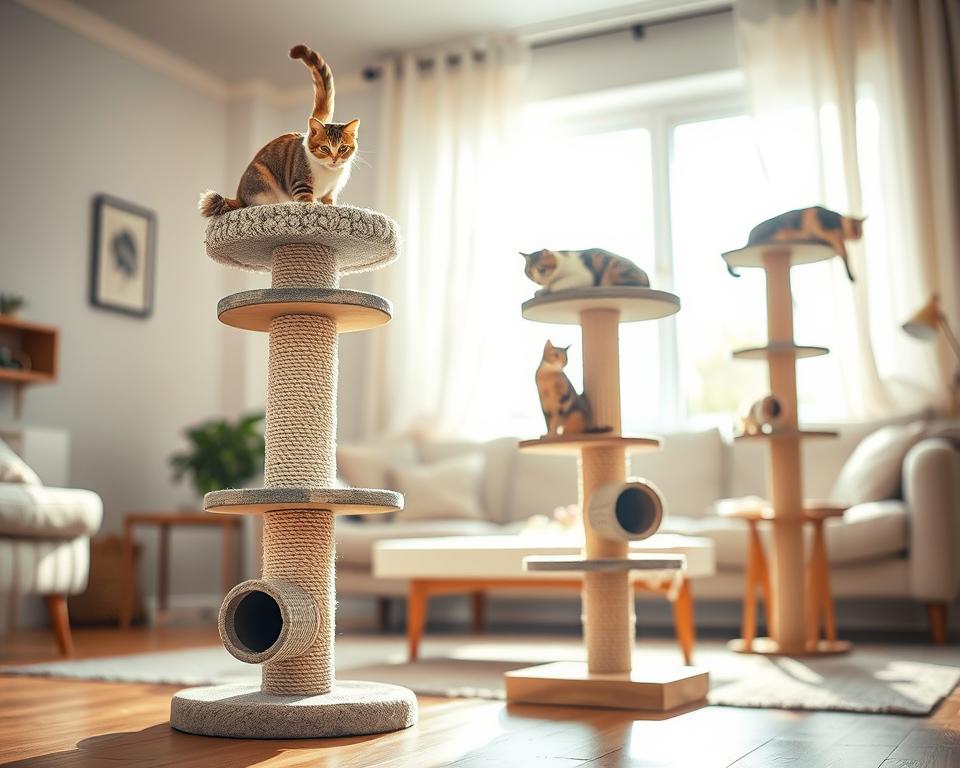 A well-designed cat scratching post highlighted in a cozy, sunlit living room. In the foreground, showcase the scratching post with various textures such as sisal rope, carpet, and wood that appeal to cats. Visible features include multiple levels for climbing, a cozy perch on top, and a sturdy base to prevent tipping. In the middle ground, include playful cats interacting with the post, scratching enthusiastically, and lounging on the heights. In the background, a window allows soft, natural light to filter in, casting gentle shadows. Capture the scene with a slight depth of field, ensuring the scratching post remains the focal point while the cats and background create a warm, inviting atmosphere, evoking a sense of comfort and fun for both pets and their owners.