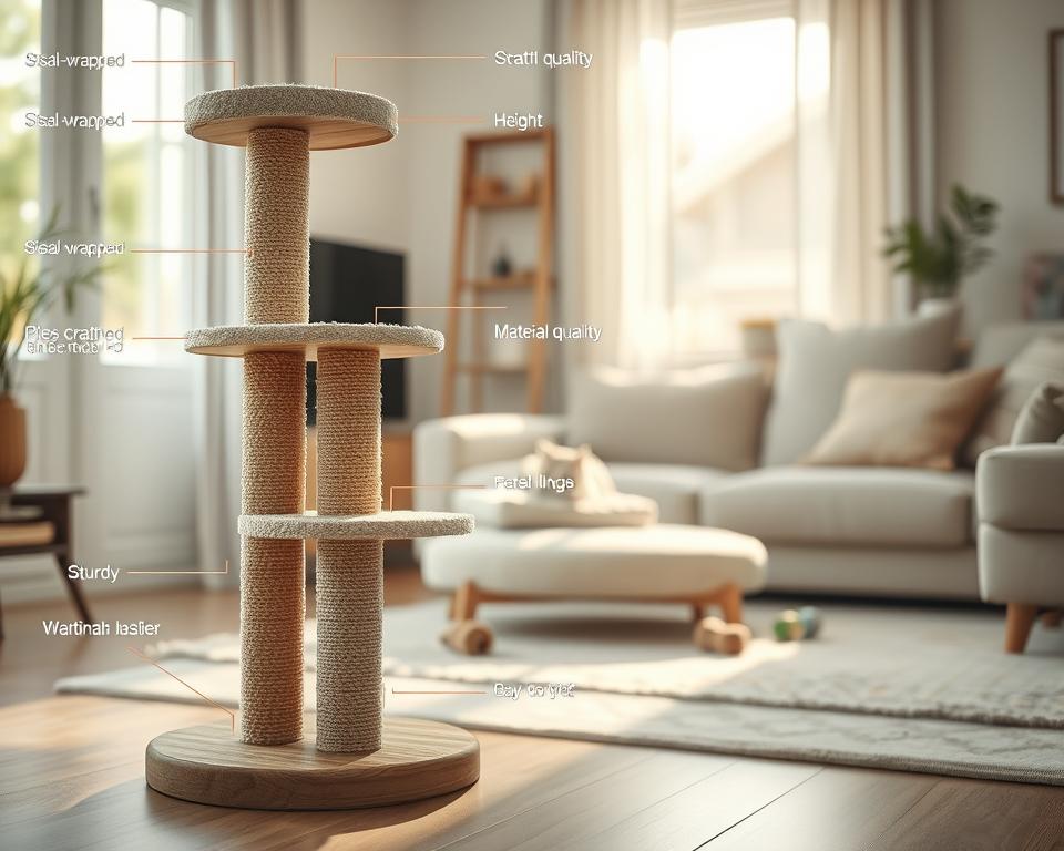 A well-designed durable cat scratching post set in a bright, cozy living room. In the foreground, highlight the scratching post with various features, such as sisal-wrapped columns, sturdy wooden base, and multiple levels for cats to perch on. The middle ground shows an inviting space with a plush cat bed and a few cat toys scattered around. In the background, soft natural light filters through a window, creating a warm atmosphere. The scene should evoke a sense of comfort and playfulness, illustrating key aspects like stability, height, and material quality. Use a soft focus lens to create a dreamy yet informative effect that showcases the scratching post as the focal point of the image.