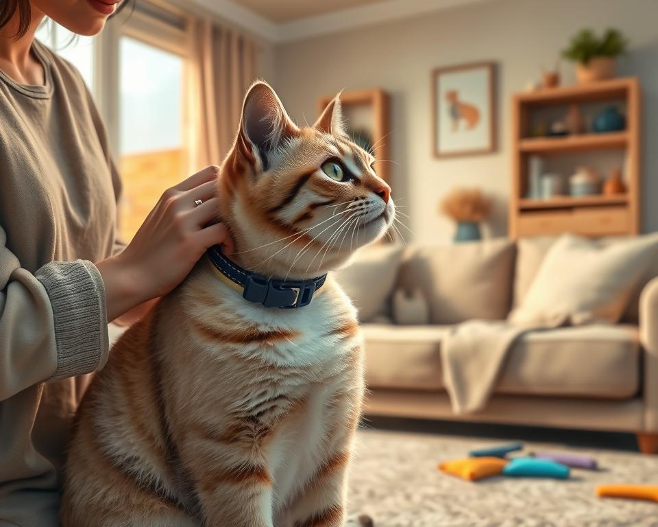 A well-lit, detailed illustration of a cat being fitted with a flea collar in a cozy home environment. In the foreground, a caring person, dressed in a casual, modest outfit, gently adjusts the collar around the cat's neck, showcasing a close-up view of both the collar and the cat's profile. The middle layer features the cat, a fluffy tabby with bright, curious eyes, looking comfortable and calm during the process. In the background, a warm and inviting living room setting with soft furniture and a variety of pet care items like brushes and toys, emphasizing a safe and loving atmosphere. The lighting is soft and natural, creating a nurturing vibe, and the overall mood is one of care and protection for the pet.