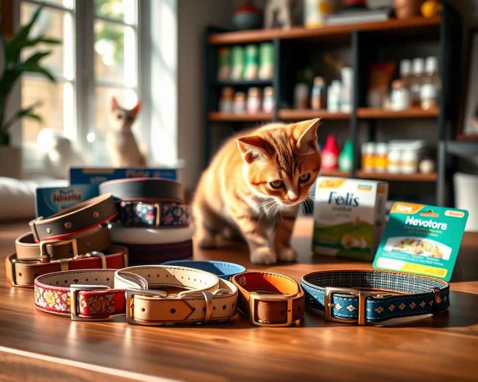 A well-lit display showcasing a variety of top-rated flea collars for cats, neatly arranged on a stylish wooden surface. In the foreground, several colorful collars are artistically laid out, each one with unique patterns and designs, prominently featuring brands known for their effectiveness. The middle area features a cozy, playful cat, curiously sniffing one of the collars, with soft fur and bright eyes, enhancing the appeal to pet owners. In the background, a blurred shelf filled with cat care products conveys an inviting atmosphere of pet wellness. Soft, natural light streams in from a nearby window, casting gentle shadows and creating a warm, informative mood that attracts viewers' attention.