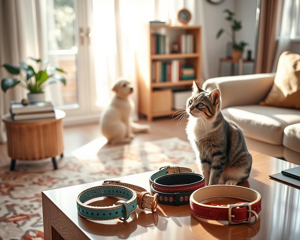 A well-lit living room featuring a cozy scene of a cat sitting on a stylish rug, intently observing several different flea collars displayed on a table nearby. The collars should vary in colors and styles, including both traditional and modern designs, showcasing their labels. In the background, a small bookshelf filled with pet care books and a potted plant can add a homey atmosphere. The lighting should be warm and inviting, suggesting a sunny afternoon setting. A slightly overhead angle captures the cat’s curious expression, while focusing on the variety of collars, emphasizing the theme of thoughtful selection. The overall mood should be calm and informative, reflecting the importance of choosing the right flea collar for pet care.