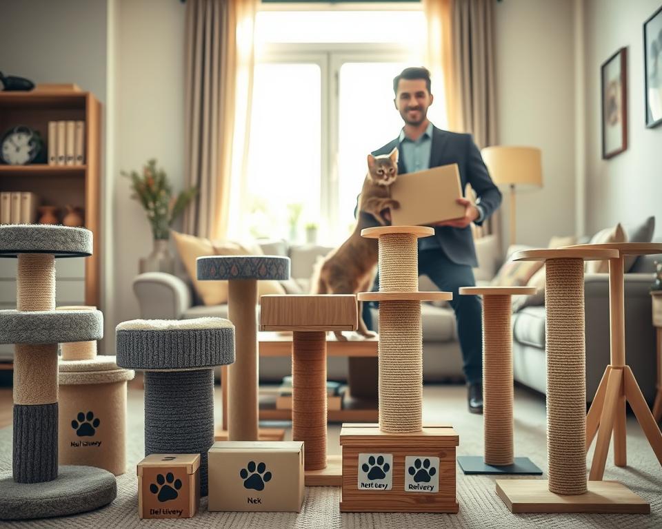 An elegant scene depicting UK delivery options for cat products. In the foreground, showcase an array of stylish cat scratching posts in various designs, including carpeted, wooden, and modern styles. Include small delivery boxes with paw prints and labels like "Next Day Delivery" and "Free Returns" prominently displayed. In the middle ground, feature a friendly delivery person in smart casual attire, holding a delivery package with a smile, symbolizing excellent customer service. The background should illustrate a cozy living room setting with a cat curiously exploring a scratching post, sunlight streaming through a window, creating a warm and inviting atmosphere. Use soft, natural lighting to enhance the comforting feel of the image.