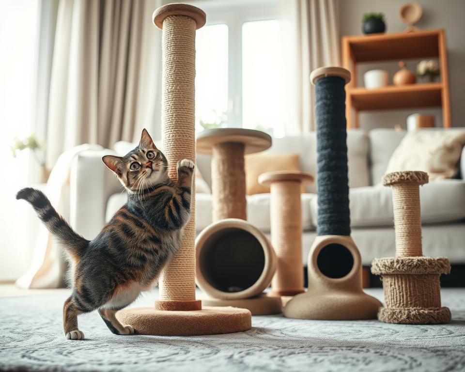 In a cozy living room, a playful tabby cat investigates various sizes of scratching posts, showcasing options like a tall, sturdy one, a medium-sized post with a cozy base, and a small, portable option. The foreground features the cat stretching and pawing at the scratching post, while the middle shows an assortment of posts arranged against a backdrop of soft furnishings and a sunlit window, creating a warm and inviting atmosphere. The soft, natural lighting illuminates the textures of the posts and the cat's fur, providing a cheerful ambiance. The angle is slightly elevated, capturing the cat's curious expression and emphasizing the size differences between the posts. The overall mood evokes a sense of fun and practicality, ideal for cat owners making a thoughtful choice for their pets. In a cozy living room, a playful tabby cat investigates various sizes of scratching posts, showcasing options like a tall, sturdy one, a medium-sized post with a cozy base, and a small, portable option. The foreground features the cat stretching and pawing at the scratching post, while the middle shows an assortment of posts arranged against a backdrop of soft furnishings and a sunlit window, creating a warm and inviting atmosphere. The soft, natural lighting illuminates the textures of the posts and the cat's fur, providing a cheerful ambiance. The angle is slightly elevated, capturing the cat's curious expression and emphasizing the size differences between the posts. The overall mood evokes a sense of fun and practicality, ideal for cat owners making a thoughtful choice for their pets.