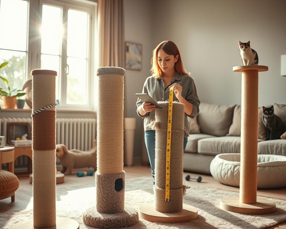 In a cozy living room setting, a woman in modest casual clothing is carefully examining various cat scratching posts to choose the right size for her cat. In the foreground, we see three distinct scratching posts of different heights and diameters, showcasing textures like sisal and carpet. The woman holds a measuring tape, looking thoughtfully at the tallest post, considering both her cat and the available space. In the middle ground, there are cat toys and a cozy pet bed, hinting at a playful atmosphere. Sunlight streams through a window, casting soft, warm light, creating a welcoming ambiance. The background features a cat perched on a windowsill, observing the scene with curiosity. The image captures a blend of practicality and care, illustrating the importance of selecting the right scratching post size for cat health.