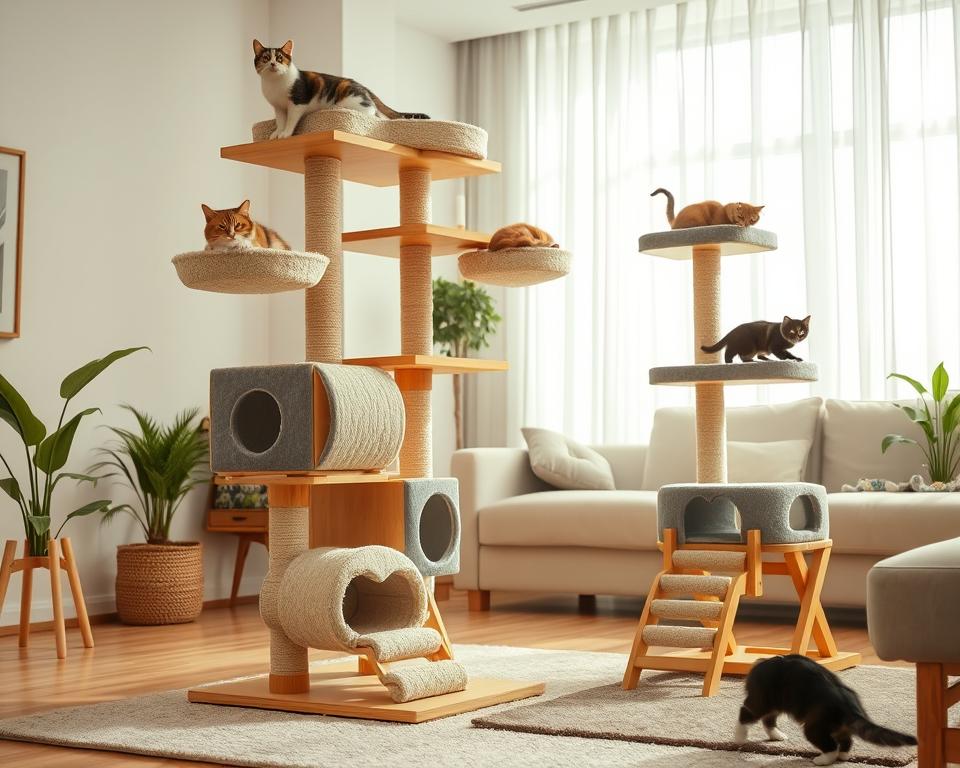 Multi-functional cat tree, elegantly designed with multiple levels and integrated scratching posts, plush lounging areas, and ramps for climbing. The tree is made of natural wood with soft, comfortable fabric in shades of beige and gray. In the foreground, playful cats can be seen exploring the various platforms, stretching against the scratching posts, or lounging atop. The middle ground showcases the cat tree against a cozy living room setting, with a soft rug and a few houseplants. The background includes a softly lit window with sheer curtains, creating a warm, inviting atmosphere. The image should have bright, natural lighting, giving it a cheerful and lively mood, captured with a slightly angled view to highlight the tree's features. Multi-functional cat tree, elegantly designed with multiple levels and integrated scratching posts, plush lounging areas, and ramps for climbing. The tree is made of natural wood with soft, comfortable fabric in shades of beige and gray. In the foreground, playful cats can be seen exploring the various platforms, stretching against the scratching posts, or lounging atop. The middle ground showcases the cat tree against a cozy living room setting, with a soft rug and a few houseplants. The background includes a softly lit window with sheer curtains, creating a warm, inviting atmosphere. The image should have bright, natural lighting, giving it a cheerful and lively mood, captured with a slightly angled view to highlight the tree's features.